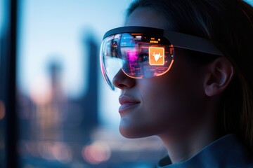 Tech-Savvy Young Professional Monitoring Health Data with Smart Glasses Against Urban Skyline Backdrop in Multilayer Visual Interface (Copy Space Available)