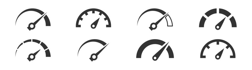 Set of speedometer, tachometer icons. Dashboard speedometer icons. Performance indicator sign. Vector illustration