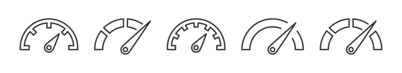 Set of speedometer, tachometer icons. Dashboard speedometer icons. Performance indicator sign. Vector illustration