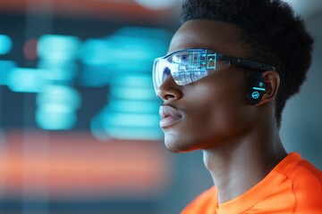 Performance Data Visualization in Sports Training with Wearable Tech Overlay on Vibrant Stadium Backdrop