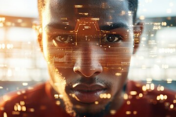 Dynamic Athlete Training with Wearable Tech Data Visualizations in Vibrant Stadium Setting