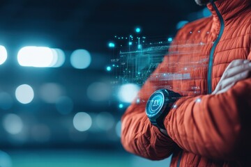 Futuristic Athlete Training with Wearable Tech in Vibrant Stadium - Performance Data Visualization Overlay