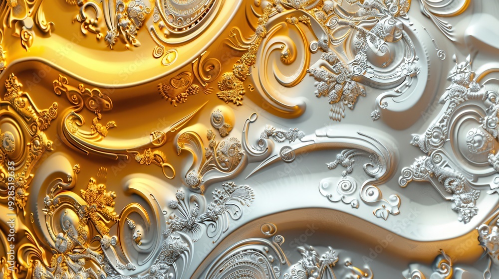 Poster elegant swirl patterns in shimmering gold and silver tones, creating a luxurious and sophisticated t