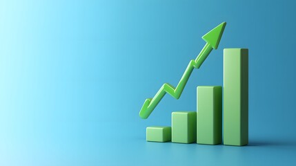 Green 3D bar chart with an upward arrow on a blue background, representing business growth, success, and positive trends.
