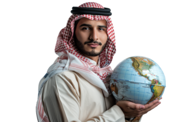A young businessman from the Middle East, in a traditional outfit, holding a globe, symbolizing the vision and ambition of Middle Eastern entrepreneurs