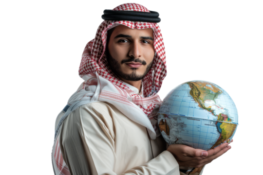 A young businessman from the Middle East, in a traditional outfit, holding a globe, symbolizing the vision and ambition of Middle Eastern entrepreneurs
