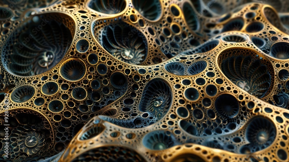 Poster Intricate abstract patterns with golden and dark textures create a mesmerizing visual experience in this captivating artwork.