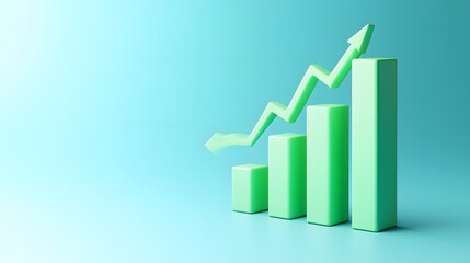 Green 3D bar graph ascending on a light blue background representing business growth, success, positive trend, and financial increase.