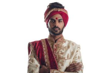 Obraz premium A young Indian businessman in traditional attire, combined with modern accessories, white background.