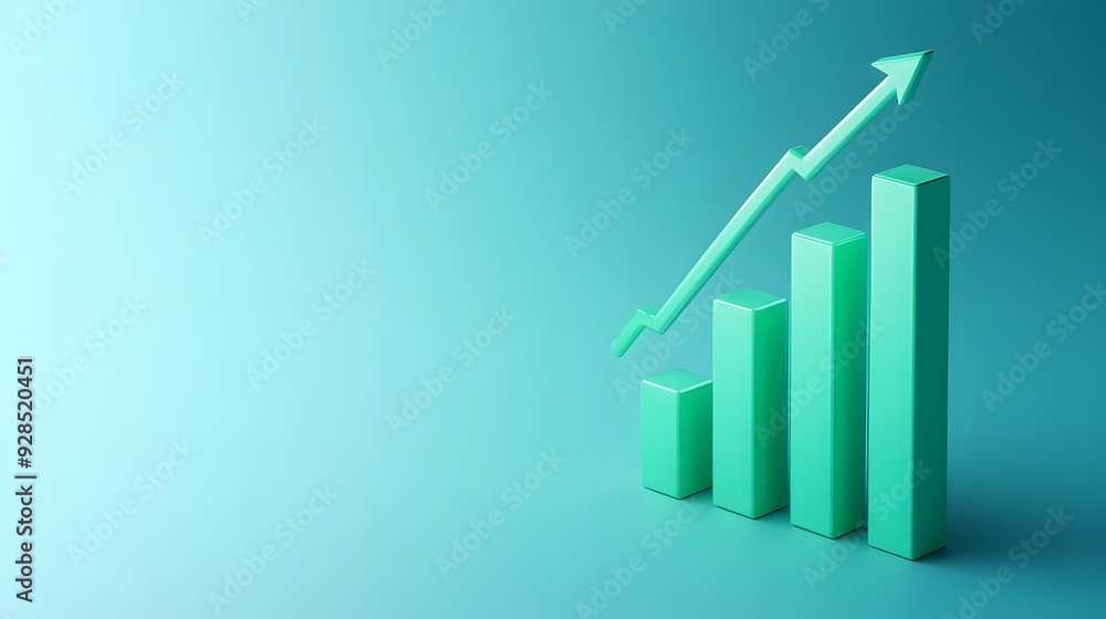 Aufkleber green 3d bar graph showing upward growth with an arrow on a gradient teal background. concept of bus