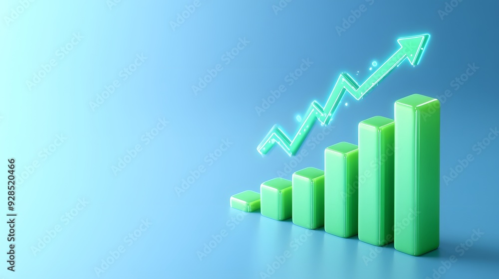 Poster green 3d bar graph showing upward trajectory and growth on blue background, representing business su