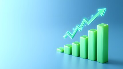 Green 3D bar graph showing upward trajectory and growth on blue background, representing business success and data analysis.