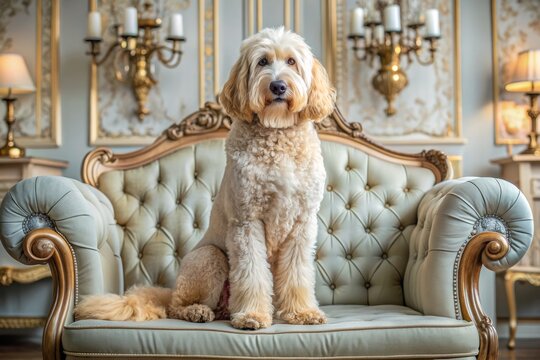 Adorable, fluffy, and majestic, a regal purebred dog sits poised on a luxurious couch, surrounded by elegant furnishings, exuding sophistication and noble companionship.