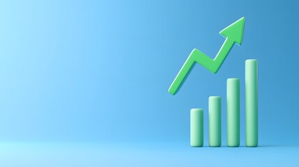 Green 3D bar graph with arrow indicating financial growth on blue background, suitable for business, finance, and analytics concepts.