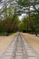The main stone pathway in Jongmyo Shrine, in downtown Seoul, a Unesco world heritage site 