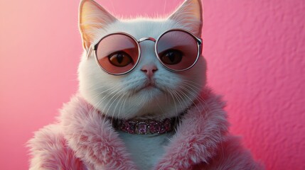 Fototapeta premium Stylish Cat in Sunglasses with Peach Background