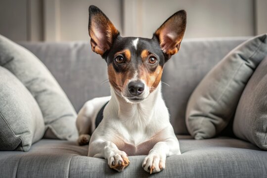Adorable Ratonero Bodeguero Andaluz Spanish Terrier adult dog with floppy ears and cute expression lounges comfortably on a grey sofa with soft cushions.