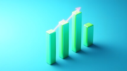 Green 3D bar graph with upward arrow on blue background, symbolizing business growth, success, progress, statistics, and positive trends.