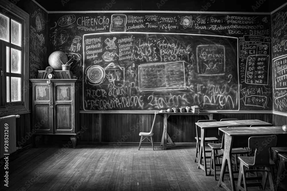 Poster a chalkboard classroom with a globe and a few other items. the chalkboard is full of writing and dia