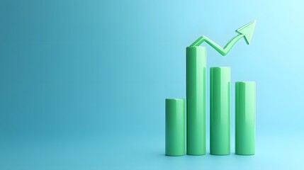 Green 3D bar graph with upward arrow representing growth and success in business on a blue background.