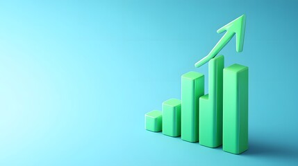 Green 3D bar graph with upwards arrow on a blue background representing growth, success, and business progress.