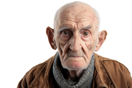 Elderly man showing signs of confusion or dementia, against a white background.