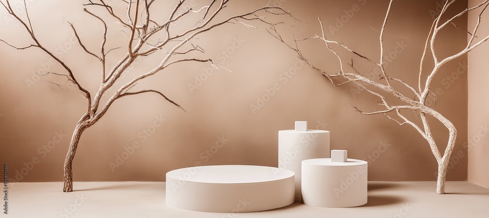 Poster this mockup presents a podium and branches of dry trees on a beige background. the image has been re