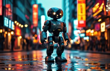 Close-up of a robot on a wet street