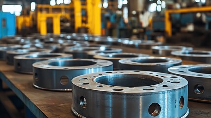 Close-up of flanged rings on the production line in a factory for stainless steel bending