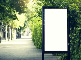 A mockup of a bus stop billboard in an empty street in Paris - a Parisian style advertisement near a beautiful park