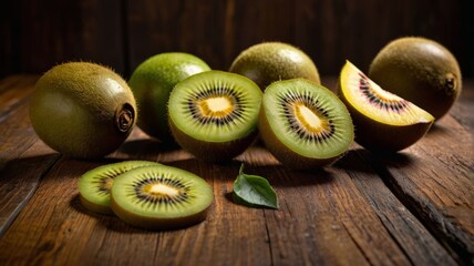 Create an intriguing composition with cut-open kiwis and passion fruits on a wooden table