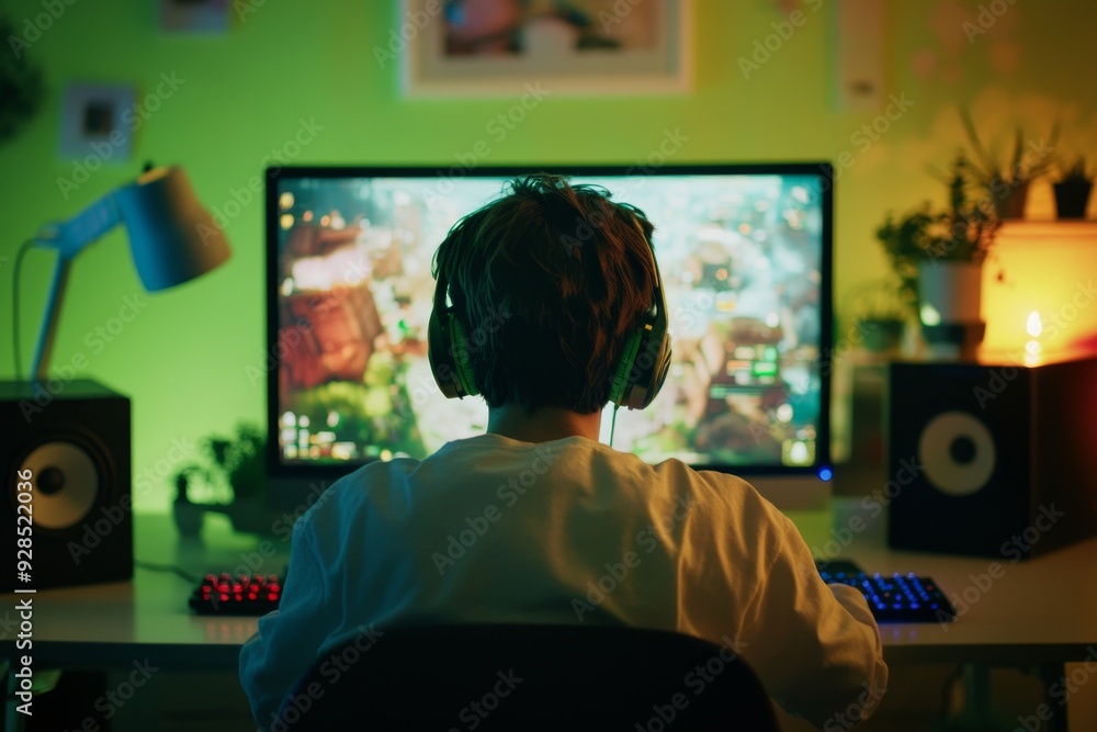 Aufkleber the videogamer is looking into his powerful computer while playing virtual shooter game late at nigh