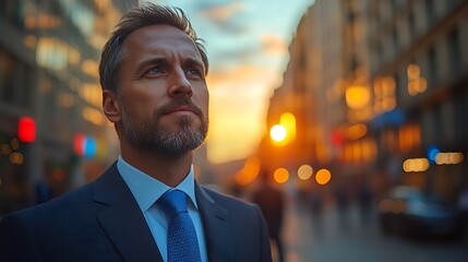 businessman standing with blurred buildings background