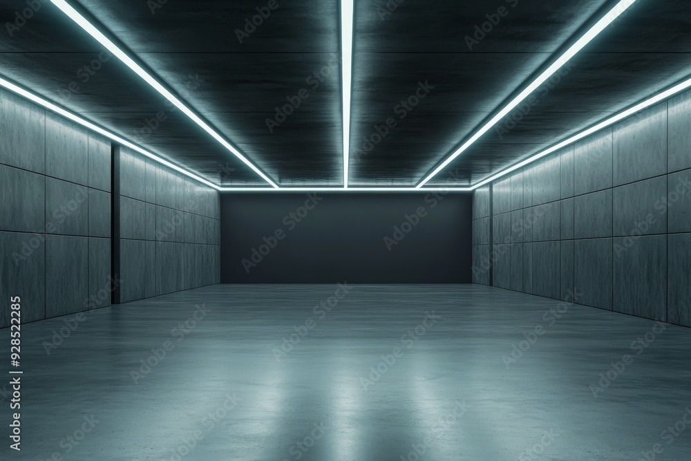 Poster 3d render of black partition with copyspace in the center of stylish black room with led lights on t
