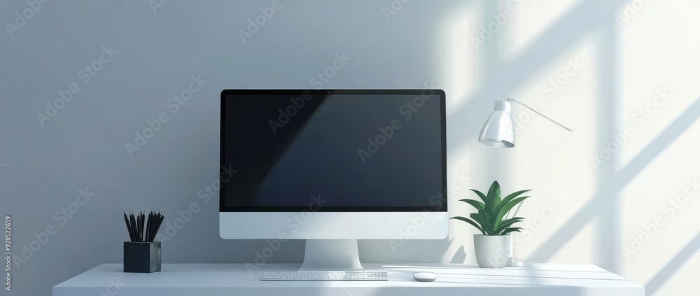 Poster on white table with stationery and decoration, 3d rendering with mock-up screen on white table
