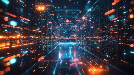 Fototapeta premium A futuristic data center with rows of servers processing vast amounts of data, with blinking lights indicating constant activity, and engineers monitoring the systems in real-time, emphasizing the