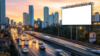 Fototapeta premium High-visibility billboard mockup above a bustling highway, surrounded by speeding cars and glowing buildings, with a dramatic twilight sky enhancing the energetic atmosphere