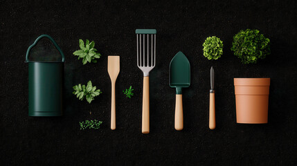Organic gardening tools, set on soil background, 3D illustration