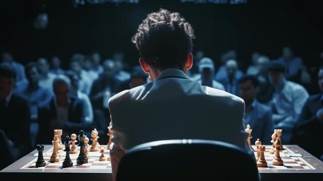 A young man competes in a chess tournament, facing away from the camera. The audience watches intently. The scene, set indoors with dim lighting, captures the intensity of the moment. This appears to