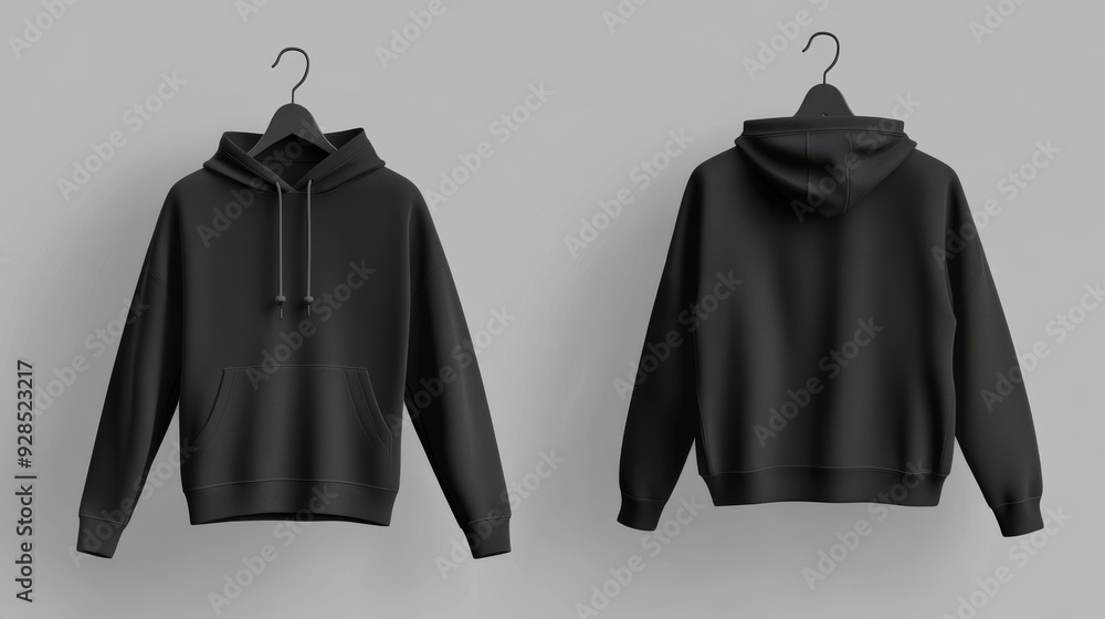 Poster three-dimensional rendering of blank hooded sweatshirt mockup with zipper, along with side, back, an