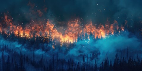 Fototapeta premium Nighttime Forest Fire with Orange and Blue Flames Causing Air Pollution from PM2 5 Dust