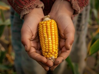 A child holds fresh, ripe corn cobs in a farm field during the harvest season in bright sunlight