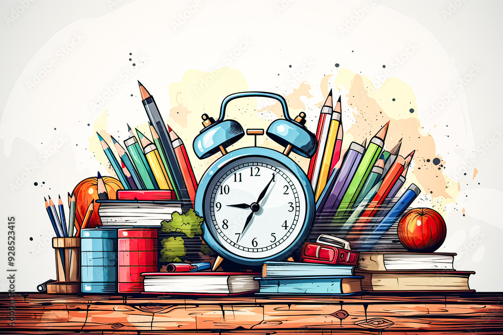 Poster a colorful clock sits on a table with a pile of school supplies. the clock is set to the time of 10: