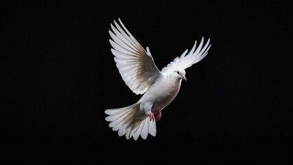 Obraz premium A white dove captured mid-flight against a black background, symbolizing peace and freedom.