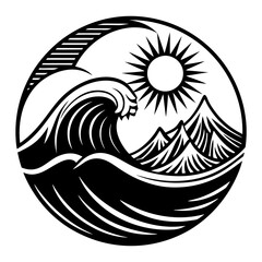 Wave mountain sun vector black logo
