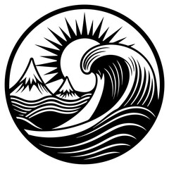 Wave mountain sun vector black logo