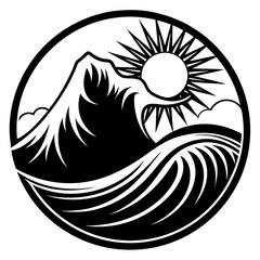 Wave mountain sun vector black logo
