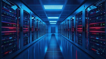 A high-tech data center with rows of servers processing vast amounts of data, with blinking lights indicating constant activity, and engineers monitoring the systems in real-time, emphasizing the