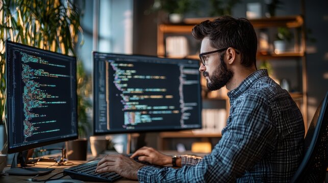 A programmer analyzing code on multiple screens in a high-tech office, with AI algorithms running in the background, optimizing the code and providing real-time suggestions, highlighting the