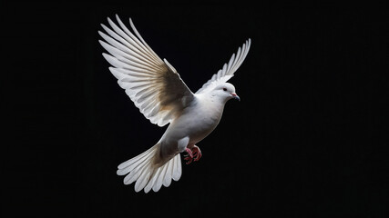 Fototapeta premium A white dove captured mid-flight against a black background, symbolizing peace and freedom.